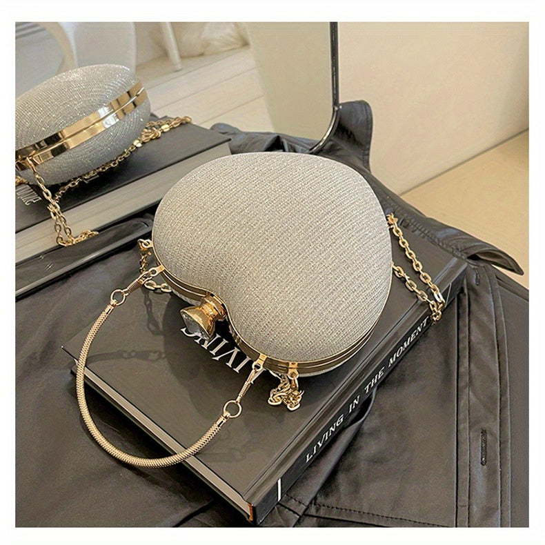 Ladies Fashion Shining Chain Crossbody Bag, Elegant Shoulder Heart Shaped, Metal Embellished, Black, with Buckle Closure, for Party, Wedding, Date